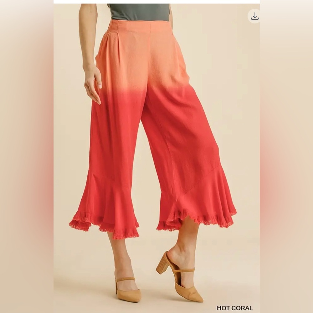Nwt Umgee Linen Blend Dip Dye Elastic Waist Wide Leg Pants w/ Ruffled Frayed Hem